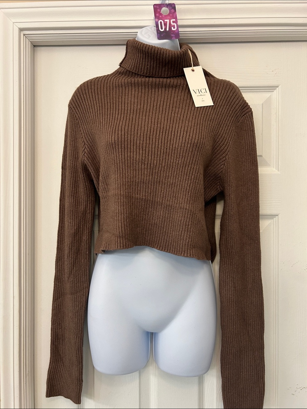 Vici Brown Ribbed Turtleneck Cropped Sweater